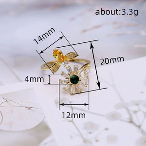 Anello Aperto a Forma di Ape e Girasole, Gioiello da Dito Regolabile Ispirato alla Natura per Donne - Product Image 3