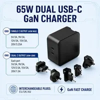 Chargeur rapide GaN 65W USB-C PD, chargeur mural double port, protection OTP, adaptateur secteur pour ordinateur portable et téléphone