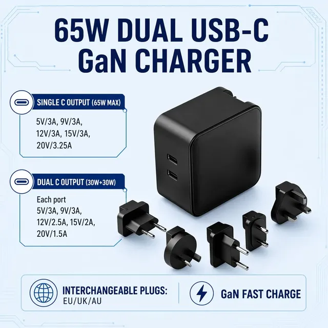 65W GaN Fast Charger USB-C PD Wall Charger Dual Port OTP Protection Power Adapter for Laptop & Phone
