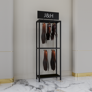 Soporte de Exhibición de Pie para Extensiones de Cabello Humano con Logo Personalizado, Estante Metálico para Pelucas en Tienda, Color Negro, Dorado y Plateado - Product Image 1