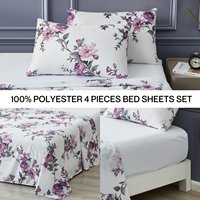 Parure de Lit de Luxe Imprimée Fleurs Violettes, Drap de Lit et Taies d'Oreiller, Ensemble Quatre Pièces