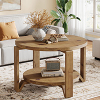 Table basse ronde en bois naturel de 30 pouces, table d'appoint en bois massif de style campagnard, 2 étagères, meubles de salon