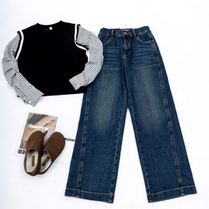 大码女式高腰直筒环保透气牛仔裤常规版型休闲弹力四季通用蓝色 - Product Image 1