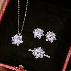Women cubic zircon snowflake wedding jewellery set 925 sterling silver solitaire diamond necklace jewelry