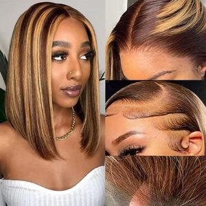 Perruque Bob Courte Lisse Ombré Blond Miel avec Mèches 4/27, Cheveux Humains, Perruque Lace Front 13x4, 100% Cheveux Humains Pré-Pluckée, 14 Pouces - Product Image 3
