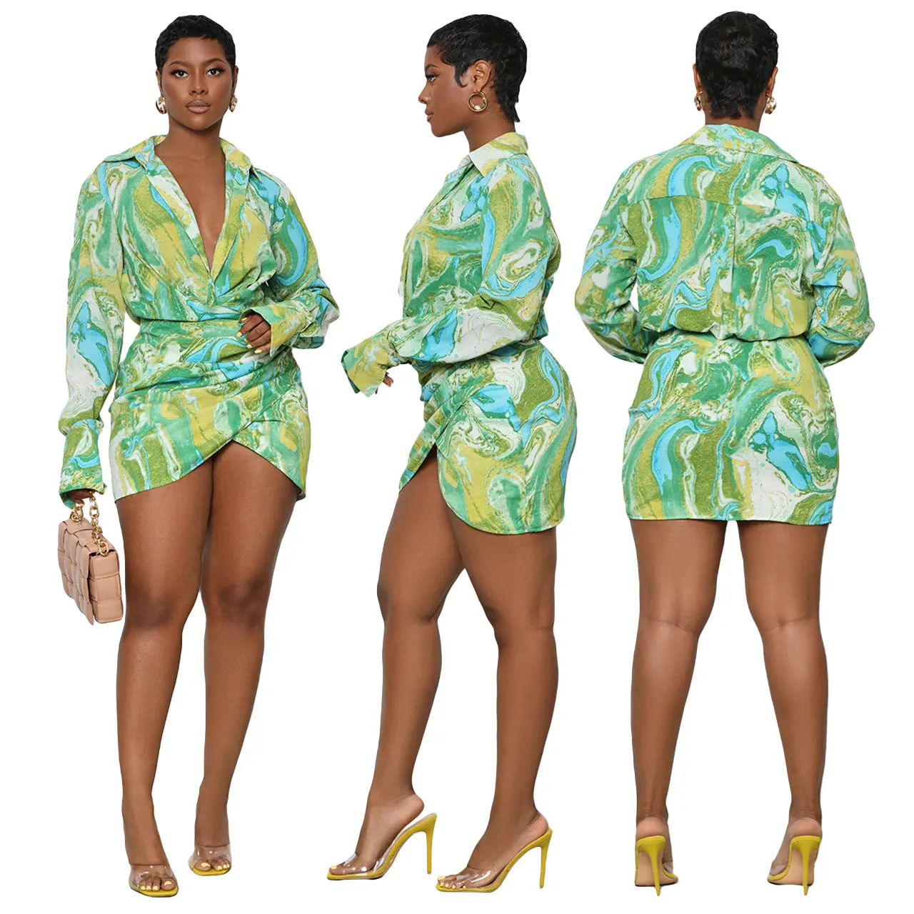 2023 Club Nightclub Mini Dress Fashion Loose Green Deep V-neck Mini Bodycon Sexy Print Flare Long Sleeve Dress Woman