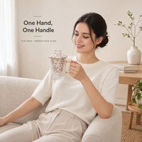 Tasse en verre texturé avec revêtement en céramique 400 ml, motif floral, tasse à thé avec couvercle, poignée dorée, ensemble de tasses à café et à eau
