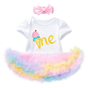 Nuovo Stile Estivo: Tutina in Cotone con Stampa Cartoon per Bambina, Manica Corta, Bianco e Rosa, con Tulle, per Festa del Primo Compleanno, Vendita all'Ingrosso - Product Image 4