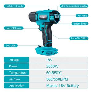 Pistola Termica 50-550°C 1000W. 2 Velocità (Alta/Bassa). 6 Livelli di Velocità del Vento. Display LED della Temperatura. Pistola ad Aria Calda Senza Fili per Batteria - Product Image 6