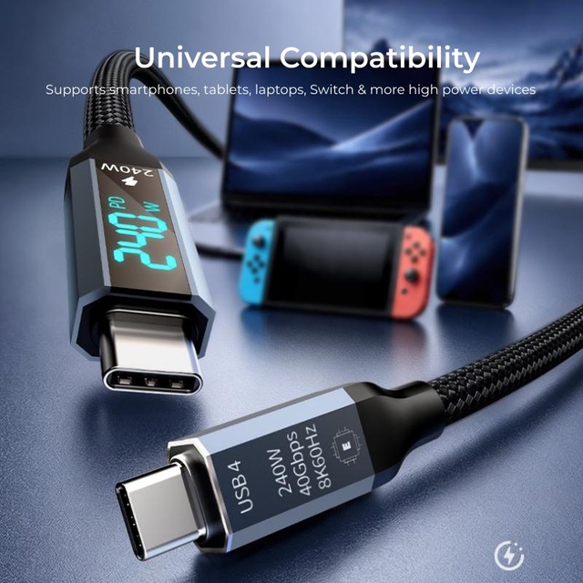 PD 240W Type-C Cable LED Digital Display Power Meter Charging Wire Braided USB C Data Cable for MacBook Fast Transmission