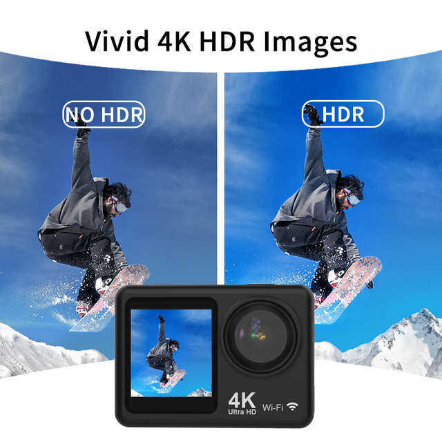 D2Q Dual Screen 4K60FPS/1080p 24MP 20M CMOS IPS MicroSD 170 Wide Angle Six-axis EIS Waterproof 30M USB-C Sport Camera Action