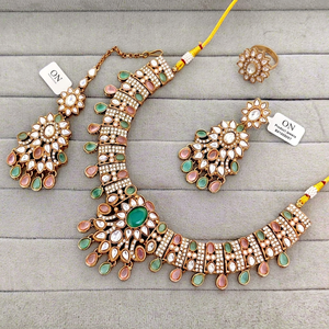 Indian Traditional Antique Gold Plated Kundan Choker Necklace <b>Set</b> Multicolor Gemstone Bead Navratna Style Bridal Jewelry <b>Set</b> - Product Image 1