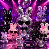 Collection de Peluches de Luxe Y2K Disco Rabbit, Mascotte en Peluche Lapin Punk Rock Boule Miroir avec Porte-clés