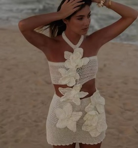 Abito Estivo da Spiaggia per Donna <span class=keywords><strong>con</strong></span> Fiori 3D, 3 Colori, Mini Copricostume Lavorato all'Uncinetto, Design Trendy <span class=keywords><strong>con</strong></span> Choker per Spiaggia o Feste - Product Image 2
