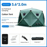 Tente de pêche sur glace isolée en coton pour l'extérieur, kaki, grande conception hexagonale, double porte, six fenêtres, pliable, imperméable, prête à l'emploi