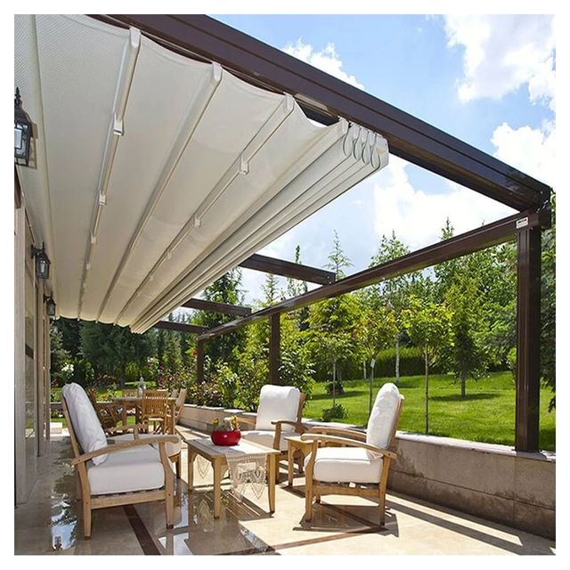 Prima Waterproof Luxury Motorized Retractable Shade System Canopies Outdoor PVC Fabric Folding Roof Pergola