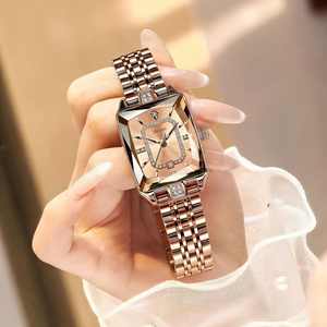 2025 New Square Women's Quartz <b>Watch</b> Lightweight Water Resistant Stylish Rose Gold Strap with Diamond Setting - Product Image 5