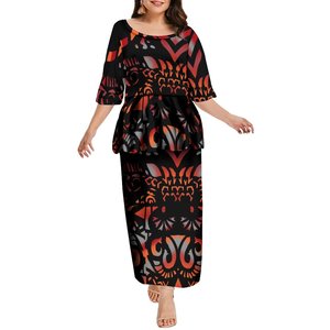 Best Price Custom <strong>Plus</strong> <strong>Size</strong> Hibiscus Flower Print Frilly <strong>Tops</strong> and Skirts 2 Piece Samoan Puletasi Ptaha Pacific Island Dress - Product Image 2