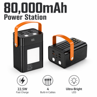 Batterie externe ultra haute capacité 80000 mAh, charge rapide 22,5 W, station portable avec 4 câbles détachables et lumière LED