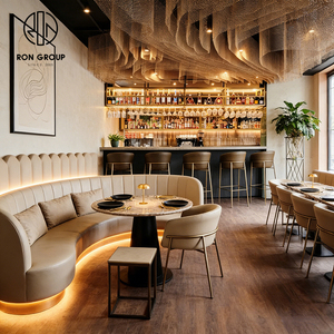 Ensemble de table et de chaises rondes en bois de style bistrot moderne haut de gamme, banquette en cuir courbée, mobilier pour café - Product Image 3