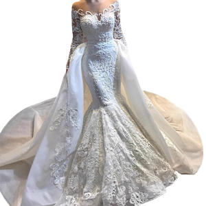 Robes de mariée sirène personnalisées avec traîne détachable, appliques de dentelle de luxe, col transparent orné de cristaux, robe de mariée arabe à manches longues - Product Image 5