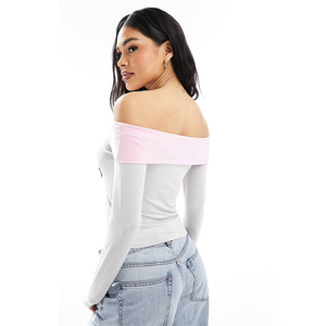 Women's Color Block Off Shoulder Long Sleeve Top Flared Pants <b>Set</b> Breathable <b>Knitted</b> Casual Wear FDL0737 - Product Image 3