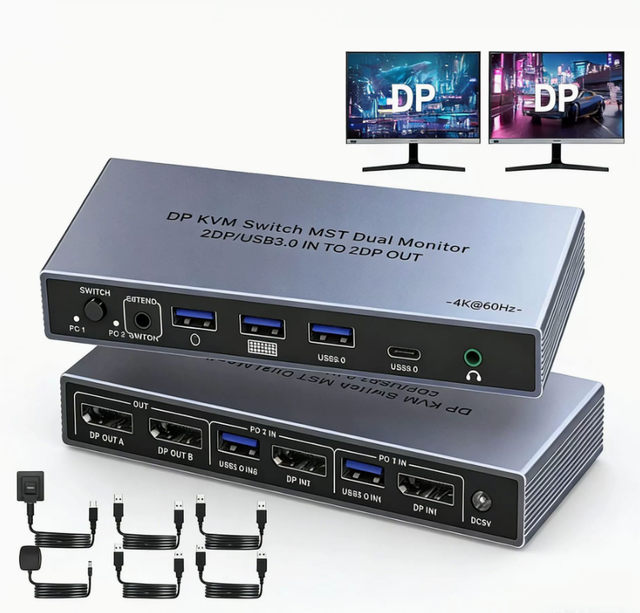 DP KVM Switch with 2 Inputs and 2 Outputs for Dual-screen KVM, Supporting 2 Computers with One Keyboard and Mouse and 2 Monitors