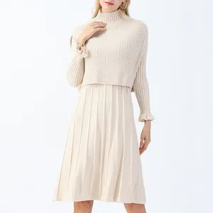 Winter autumn outfit mock neck apricot color knitted twinset crop sweater mini dress