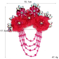 Applique florale 3D faite à la main avec strass, perles et pompons en cristal pour la décoration de vêtements, chaussures, sacs et robes de mariée DIY