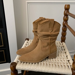 Bottes de cowboy occidentales en cuir véritable pour l'automne-hiver, avec tige mi-haute plissée effet Maillard, fermeture à enfiler, talon moyen - Product Image 6