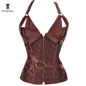Corsé gótico Steampunk con cremallera para mujer, corsé de cintura deshuesada con cordones, corsetes de talla grande deshuesados de acero de cuero, nivel de Control firme - Product Image 4