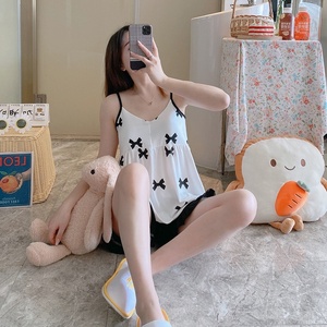 Pajamas Women's Summer Sling Shorts Chest Pad Cute Peach Milk Silk Polyester Cool Loose Lovely Foreign Trade Cross-border Suit - Product Image 5