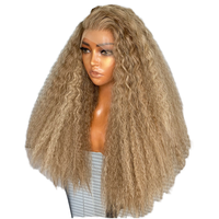 Perruque synthétique longue et droite, style kinky straight, avec dentelle frontale HD transparente, sans colle, en mélange blond, 13x4x1, effet volumineux, style Yaki
