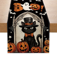 Polyester Halloween Tischläufer mit Kürbis, Schwarzer Katze, Geist und Vogelscheuche Bedruckte Tischdecke für Feiertage, Esstisch, Party und Küchendekoration
