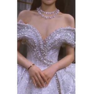 S1106F livraison directe nouvelle industrie lourde dentelle perlée grande queue sur mesure hors épaule grande taille robes de mariée robe de mariée - Product Image 1