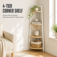 Étagère d'angle 4 niveaux peu encombrante, autoportante, en forme d'éventail, en MDF, avec structure métallique, pour salon