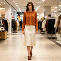 Clara – Haut tricoté à manches longues pour femme, couleur unie, avec boutons corne, en maille pointelle plate de haute qualité, orange, personnalisable OEM