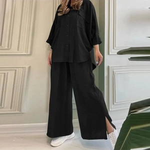 Ensemble deux pièces printemps 2026 pour femme : pantalon large et chemise assortie, idéal pour un <span class=keywords><strong>style</strong></span> décontracté, couleur unie tendance - Product Image 2
