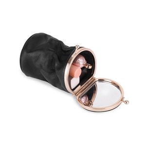 Ando <b>Bag</b> Genuine Cowhide Leather Lipstick Case <b>with</b> <b>Mirror</b> Mini Round Cosmetic Organizer Pouch - Product Image 1