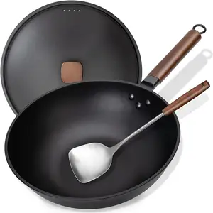 Nonstop-Wok-Pfanne aus Kohlenstoffstahl, flacher Boden Asien Rühr-Fry-Topf, Deckel und Spatula, Ladel verfügbar