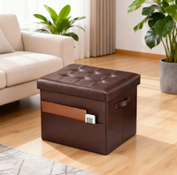 Taburete Otomano Plegable de Cuero PU Marrón con Bolsillo Lateral, Reposapiés Multiusos para Sala de Estar y Dormitorio