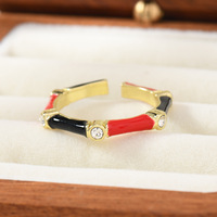 JS21 Vergulde bamboe-gewrichten emaille ring met gekleurde strass steentjes, verstelbaar, open, damesmode ring