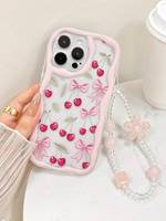 Coque de téléphone portable en TPU avec nœud papillon et cerises, très populaire, pour iPhone 16 17 Air Pro Max, coque arrière crème avec chaîne, Funda