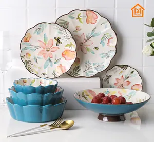 Japanese lovely salad bowl household round ceramic tableware fruit dessert blue painting ceramic bowl