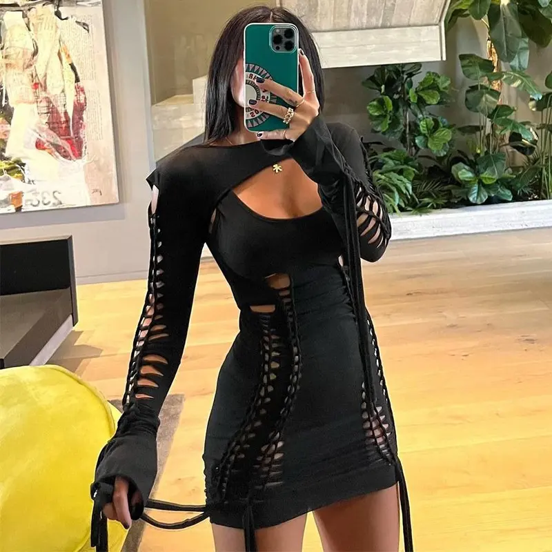 S2910247A New arrival fall women clothing mini long sleeve dress undefined lace up hollow out backless sexy dress womens dresses
