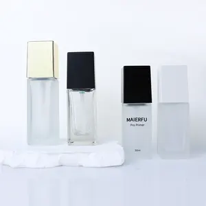 Botol pompa Losion kosmetik kaca buram, cetak Logo 15ml 20ml 30ml 40ml persegi transparan dengan pelindung putih 60ml 100ml