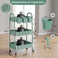 Étagère de rangement de cuisine à 3 niveaux sur roulettes, chariot utilitaire en plastique avec séparateurs et paniers suspendus, étagère de rangement de cuisine avec roulettes