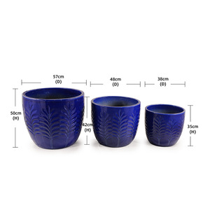 Ensemble de pots à fleurs en céramique, bleu cobalt brillant, texture gaufrée en forme de feuille, décoration intérieure et extérieure, jardin, patio, écologique, drainage - Product Image 6