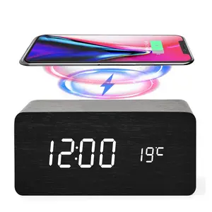 Dropshipping Digital Desk Table Clock LED Wooden Alarm Clock with Wireless Charging and Voice Control