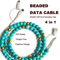 Câble de charge 4-en-1 en perles turquoise, sans nœuds, USB-C, accessoire élégant pour chargeur de téléphone